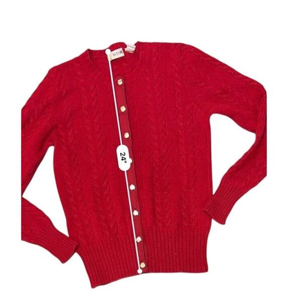 Vintage Red Wool Cable Knit Cardigan ASTON Gold Buttons S - Picture 5 of 6